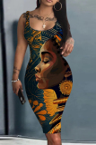 Dark Blue Casual Figure Print U Neck Sleeveless Vacation Bodycon Midi Tank Dresses