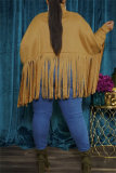 Khaki Turtleneck Lantern Sleeve Fringe Top Plus Size Tassel Pullover Poncho Coat Faux Suede Shawl