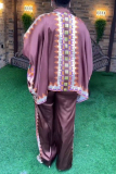 Brown Casual Floral Print Half A Turtleneck 3/4 Sleeve Buttons Irregular Blouse And Wide Leg Pants Vacation Plus Size Two Pieces Trouser Set