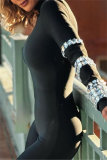 Black Rhinestone Decor Turtleneck Long Sleeve Evening Party Skinny Jumpsuits One Piece Bodysuit