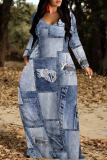 Multicolor Graphcis Print Long Sleeve Floor Length Loose Vacation Baggy Maxi Dress