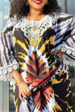 Green Casual African Graphics Print O Neck Flare Sleeve Long Loose Vacation Maxi Dresses