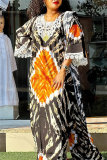 Green Casual African Graphics Print O Neck Flare Sleeve Long Loose Vacation Maxi Dresses