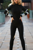 Black Rhinestone Decor Turtleneck Long Sleeve Evening Party Skinny Jumpsuits One Piece Bodysuit