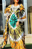Green Casual African Graphics Print O Neck Flare Sleeve Long Loose Vacation Maxi Dresses