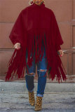 Khaki Turtleneck Lantern Sleeve Fringe Top Plus Size Tassel Pullover Poncho Coat Faux Suede Shawl
