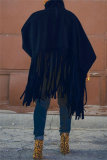 Khaki Turtleneck Lantern Sleeve Fringe Top Plus Size Tassel Pullover Poncho Coat Faux Suede Shawl