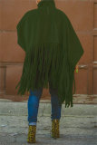 Khaki Turtleneck Lantern Sleeve Fringe Top Plus Size Tassel Pullover Poncho Coat Faux Suede Shawl