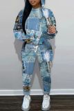Light Blue Graphcis Print Long Sleeve Hooded Sweatshirt And Drawstring Pants Sportwear Casual Two Pieces Sweatpant Set
