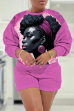 Dark Red Casual Figure Print O Neck Long Sleeve Sweatshirt And Shorts Two Pieces Shorts Sets