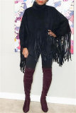 Khaki Turtleneck Lantern Sleeve Fringe Top Plus Size Tassel Pullover Poncho Coat Faux Suede Shawl