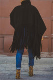 Khaki Turtleneck Lantern Sleeve Fringe Top Plus Size Tassel Pullover Poncho Coat Faux Suede Shawl