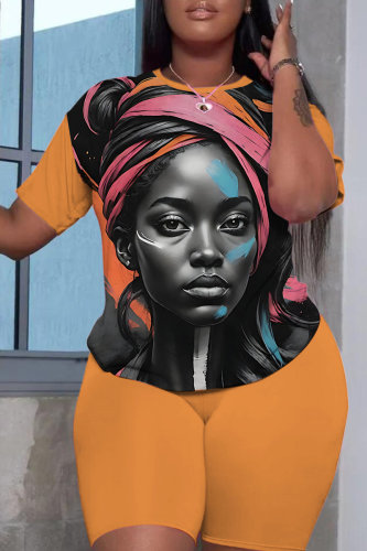 Black Casual Figure Print O Neck Short Sleeve Oversize T-Shirt And Shorts Two Pieces Shorts Sets