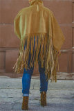 Khaki Turtleneck Lantern Sleeve Fringe Top Plus Size Tassel Pullover Poncho Coat Faux Suede Shawl