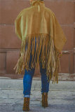 Khaki Turtleneck Lantern Sleeve Fringe Top Plus Size Tassel Pullover Poncho Coat Faux Suede Shawl
