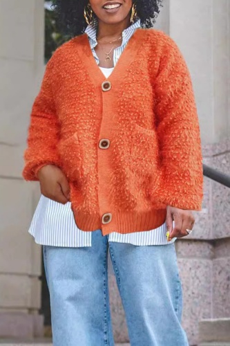 Orange Casual V Neck Long Sleeve Buttons Autumn Winter Cardigan Sweater Coat