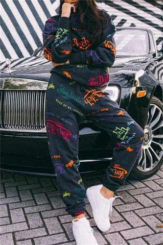 Pink Letter Print Long Sleeve Hooded Sweatshirt And Drawstring Pants Sportwear Casual Two Pieces Sweatpant Set