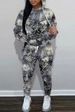Light Blue Graphcis Print Long Sleeve Hooded Sweatshirt And Drawstring Pants Sportwear Casual Two Pieces Sweatpant Set
