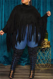 Khaki Turtleneck Lantern Sleeve Fringe Top Plus Size Tassel Pullover Poncho Coat Faux Suede Shawl
