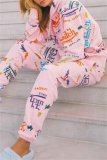 Pink Letter Print Long Sleeve Hooded Sweatshirt And Drawstring Pants Sportwear Casual Two Pieces Sweatpant Set