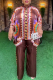 Brown Casual Floral Print Half A Turtleneck 3/4 Sleeve Buttons Irregular Blouse And Wide Leg Pants Vacation Plus Size Two Pieces Trouser Set