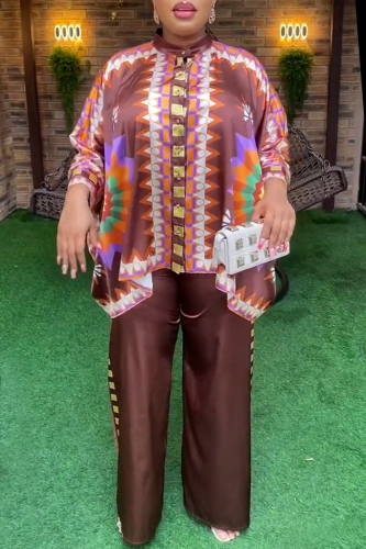 Brown Casual Floral Print Half A Turtleneck 3/4 Sleeve Buttons Irregular Blouse And Wide Leg Pants Vacation Plus Size Two Pieces Trouser Set