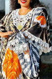 Green Casual African Graphics Print O Neck Flare Sleeve Long Loose Vacation Maxi Dresses