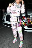 Pink Letter Print Long Sleeve Hooded Sweatshirt And Drawstring Pants Sportwear Casual Two Pieces Sweatpant Set