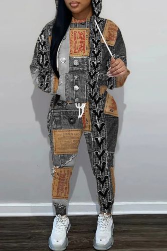 Dark Khaki Graphcis Print Long Sleeve Hooded Sweatshirt And Drawstring Pants Sportwear Casual Two Pieces Sweatpant Set