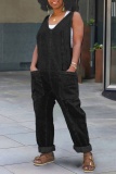 Light Blue Casual Backless Spaghetti Strap Sleeveless Pocket Fitted Denim Jumpsuits Overall