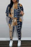 Dark Khaki Graphcis Print Long Sleeve Hooded Sweatshirt And Drawstring Pants Sportwear Casual Two Pieces Sweatpant Set