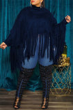Khaki Turtleneck Lantern Sleeve Fringe Top Plus Size Tassel Pullover Poncho Coat Faux Suede Shawl