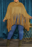 Khaki Turtleneck Lantern Sleeve Fringe Top Plus Size Tassel Pullover Poncho Coat Faux Suede Shawl