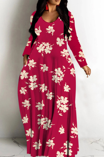 White Pink Casual African Floral Print V Neck Long Sleeve Pokcets Vacation Loose Maxi Dress