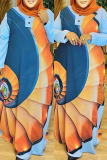 Light Blue Floral Print Backless Long Sleeve V Neck Floor Length Vacation Baggy Maxi Dress