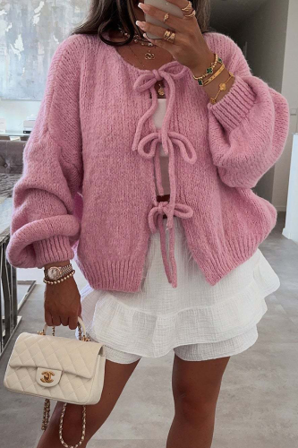 Pink Casual Lace Up O Neck Long Sleeve Knitted Cardigan Sweater Jacket
