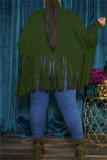 Khaki Turtleneck Lantern Sleeve Fringe Top Plus Size Tassel Pullover Poncho Coat Faux Suede Shawl