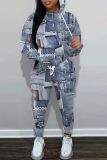 Light Blue Graphcis Print Long Sleeve Hooded Sweatshirt And Drawstring Pants Sportwear Casual Two Pieces Sweatpant Set