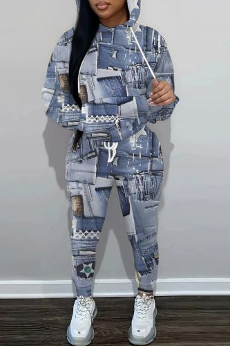 Light Blue Graphcis Print Long Sleeve Hooded Sweatshirt And Drawstring Pants Sportwear Casual Two Pieces Sweatpant Set