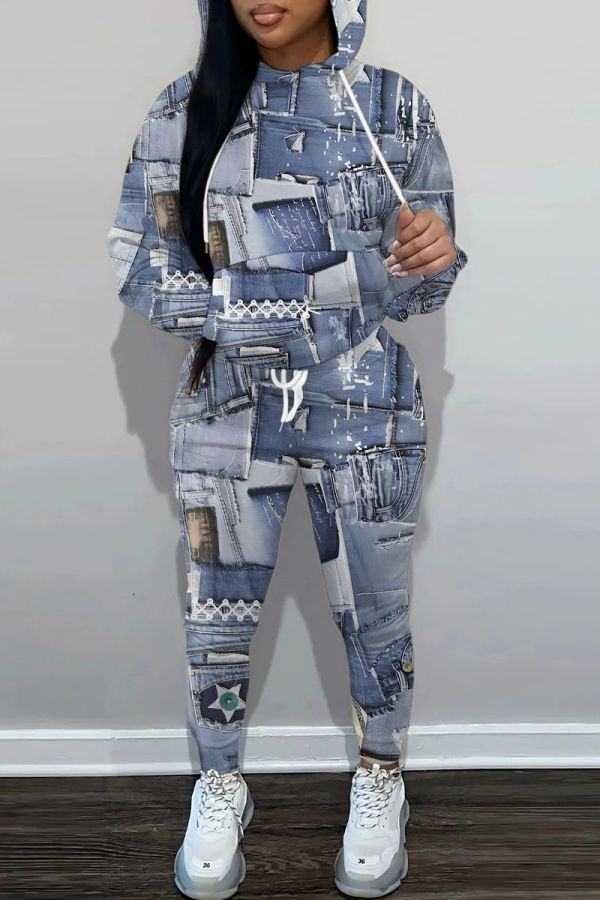 Light Blue Graphcis Print Long Sleeve Hooded Sweatshirt And Drawstring Pants Sportwear Casual Two Pieces Sweatpant Set
