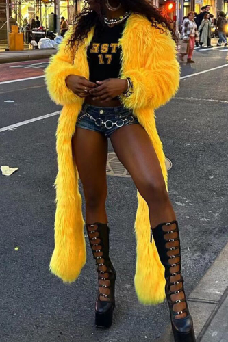 Yellow Street Cardigan Collar Long Sleeve Thickened Faux Fur Long-Haired Coat