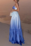 Blue Casual Gradient Print Backless Sleeveless Ruffle Hem Long Vacation A Line Maxi Slip Dresses