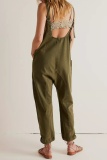 Light Blue Casual Backless Spaghetti Strap Sleeveless Pocket Fitted Denim Jumpsuits Overall
