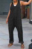 Light Blue Casual Backless Spaghetti Strap Sleeveless Pocket Fitted Denim Jumpsuits Overall