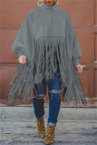 Khaki Turtleneck Lantern Sleeve Fringe Top Plus Size Tassel Pullover Poncho Coat Faux Suede Shawl