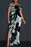 Red Graphics Print Off Shoulder Long Flutter Sleeve Mermaid Hem Side Slit Vacation Boho Style Maxi Dresses