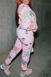 Pink Letter Print Long Sleeve Hooded Sweatshirt And Drawstring Pants Sportwear Casual Two Pieces Sweatpant Set