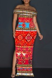 Red Graphics Print Off Shoulder Long Flutter Sleeve Mermaid Hem Side Slit Vacation Boho Style Maxi Dresses