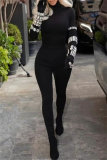 Black Rhinestone Decor Turtleneck Long Sleeve Evening Party Skinny Jumpsuits One Piece Bodysuit
