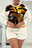 Dark Red Casual Figure Print O Neck Long Sleeve Sweatshirt And Shorts Two Pieces Shorts Sets